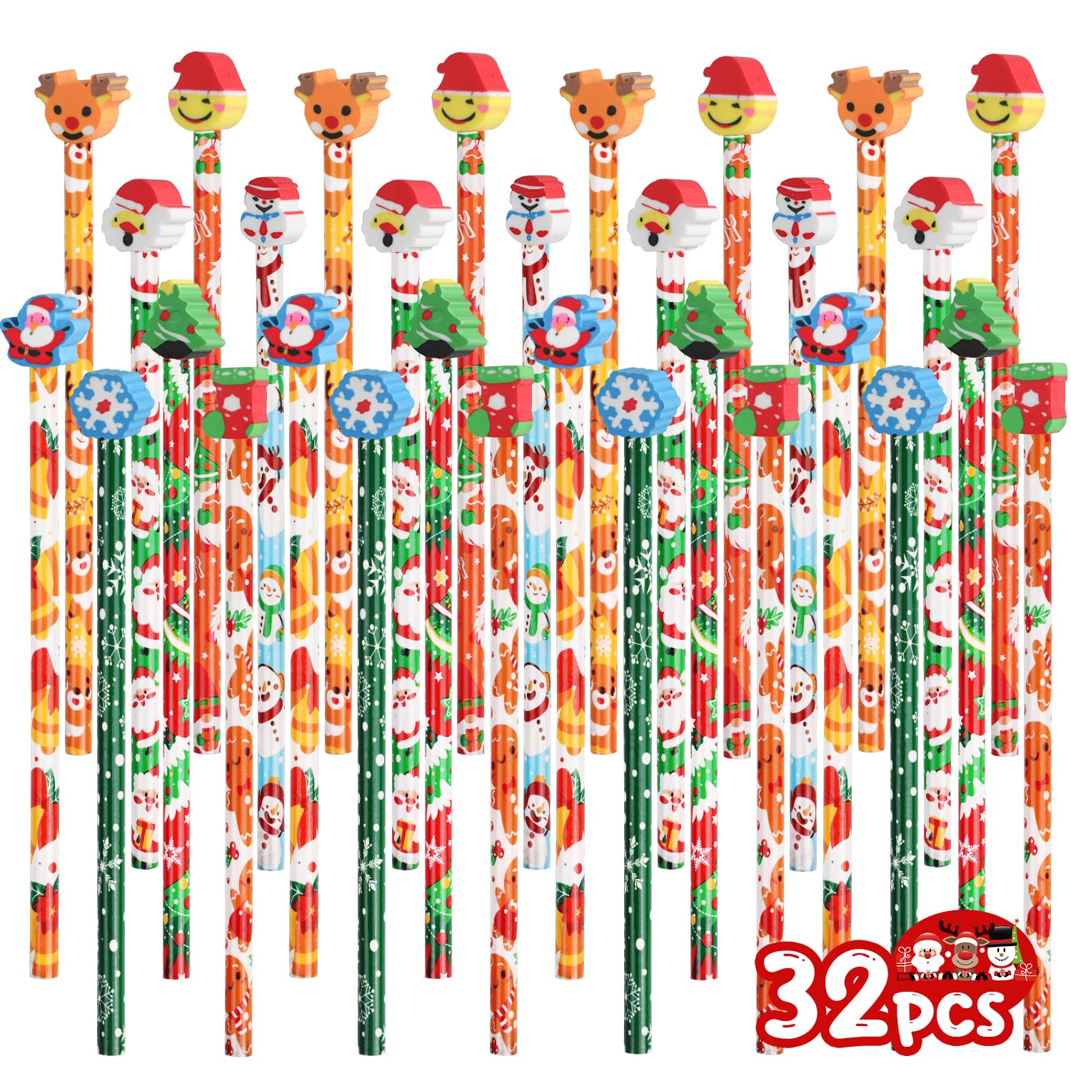 SULOLI 32PCS Christmas Pencils with Eraser Toppers Xmas Novelty Rubbers Stocking Fillers Christmas Eve Box Fillers Party Favours Kids Stationery for Boys and Girls