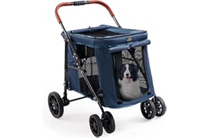 CANINE CANYON Scout 4 Wheels Pet Stroller for Small/Medium Dogs- One Button Fold, Adjustable Mesh Windows and Shades, 360° Swivel Front Wheels and Rear Wheel Brake, Navy Blue