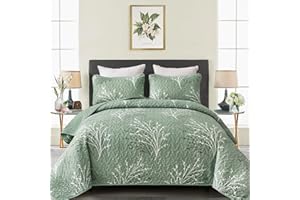 DJY Sage Green Quilt Set Full Size, Branch Botanical Pattern Bedspread Coverlet Set, 3 Piece Microfiber Green Floral Quilt Bedding Set Lightweight Summer Bedspread for All Season, 80''x90''