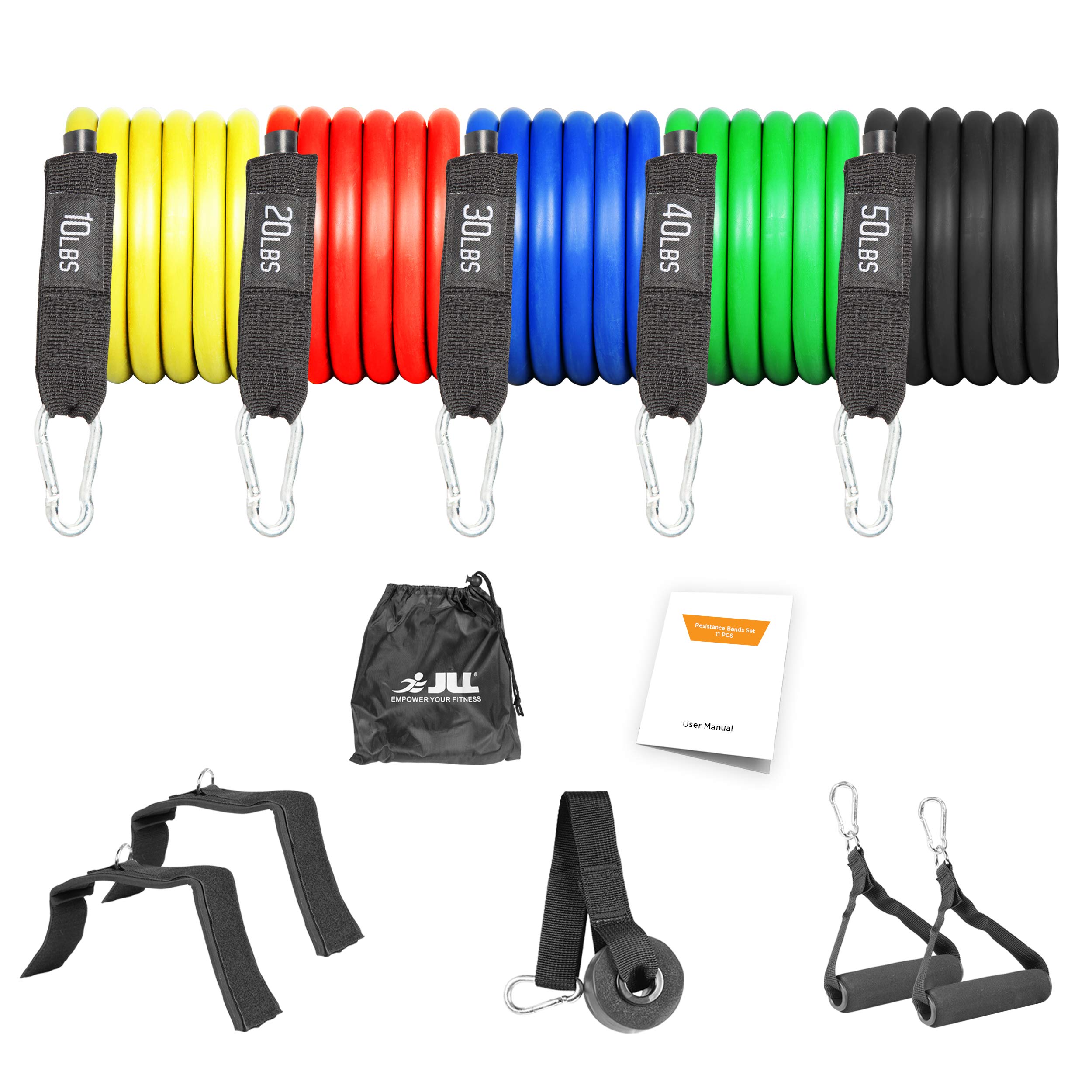 JLL Resistance Bands Set with Ankle Straps, Door Anchor, Handles & Carry Bag - Exercise Stretch Bands for Strength Training, Muscle Recovery, Yoga and More - 150lbs Max Resistance