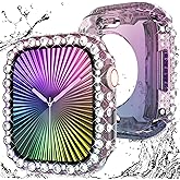 WINGLE 2 in 1 Waterproof Case for Apple Watch Series 11 10 46mm Screen Protector Case, Bling Lace Edge Diamond Face Cover Glitter Rhinestone Protective Bumper for iWatch 11 10 Women, 46 mm Iridescent