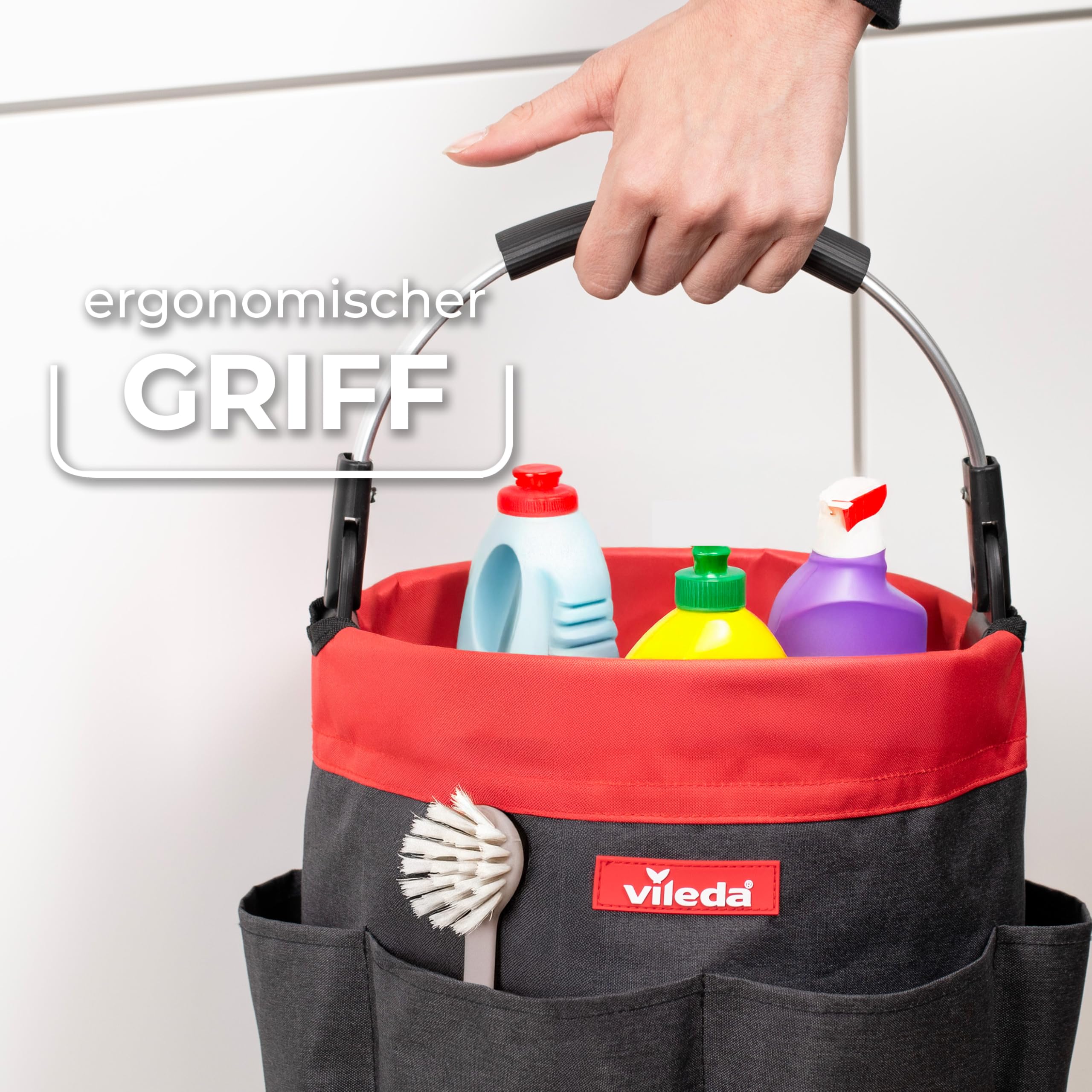Vileda Cleaning Caddy - Faltbare Putztasche mit Griff und 6 Fächern - Reinigungsorganizer für Schwämme Bürsten Tücher Reinigungsmittel - Wasserfest reißfest hygienisch tragbar und platzsparend 4