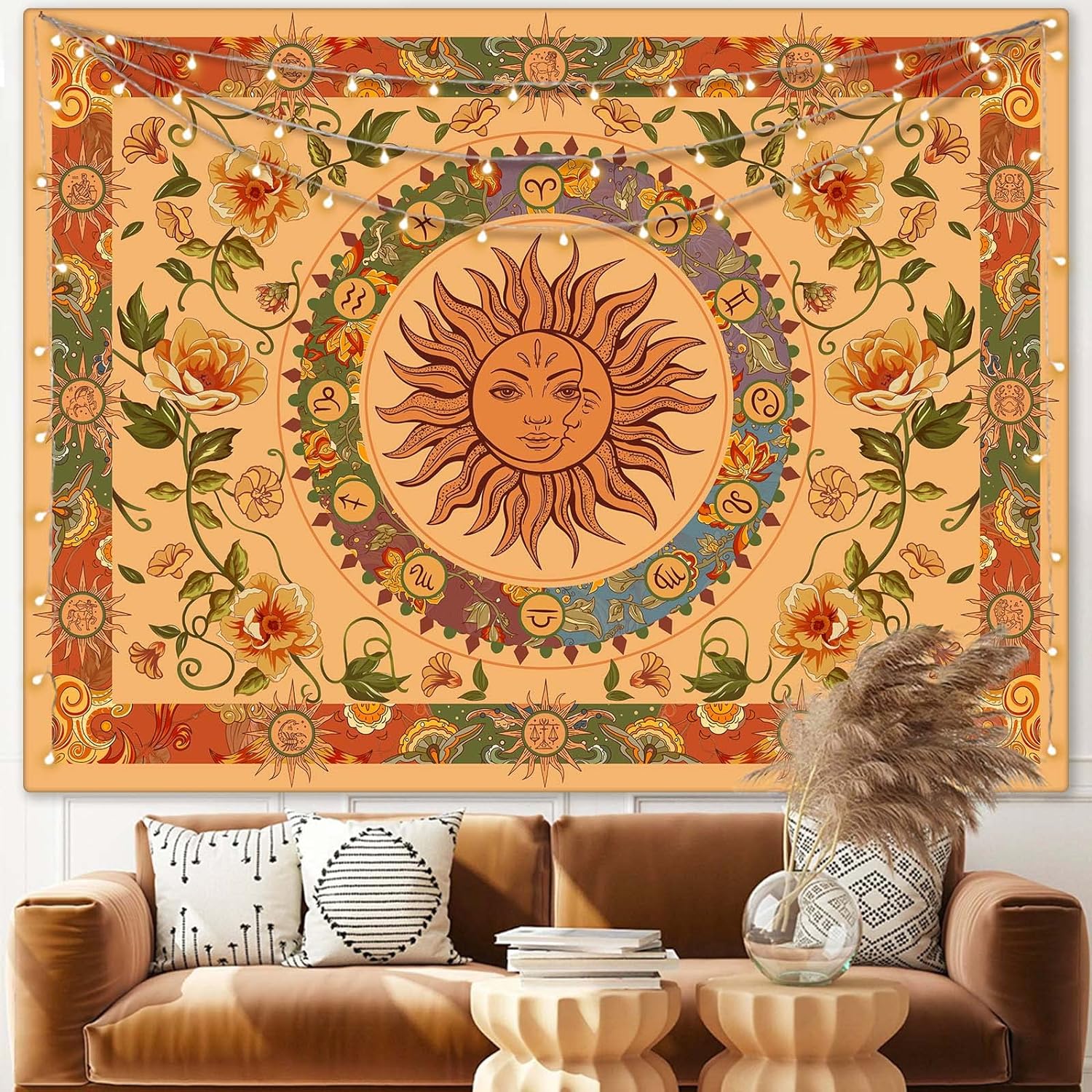 Tapestries - Aipon Yellow Sun and Moon Tapestry Hippie Indie Tapestries Boho Orange Flower Floral Tapestry Wall Hanging Cool Vintage Aesthetic Wall Tapestry for Bedroom Living Room Dorm (48'' × 36'', Orange)