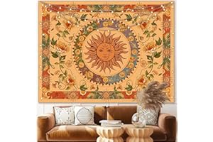 Aipon Yellow Sun and Moon Tapestry Indie Tapestries Boho Orange Flower Floral Tapestry Wall Hanging Cool Vintage Aesthetic Wall Tapestry for Bedroom Living Room Dorm (90.6'' × 70.8'', Orange)