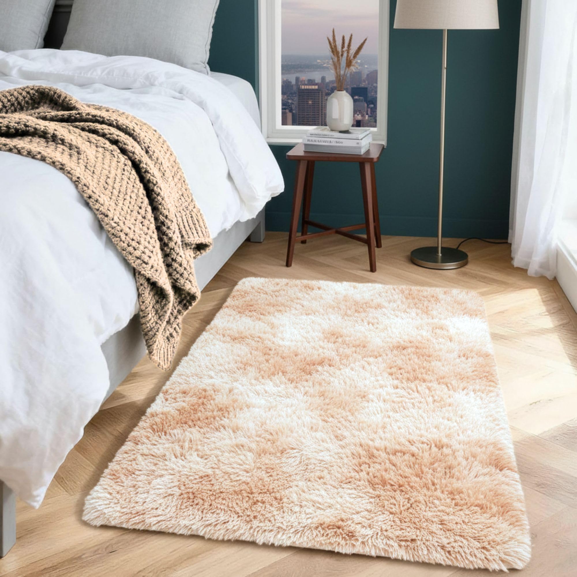 Aspire Homeware Rugs Living Room 60 x 110 cm – Tie-Dye Cream Area Rugs for Bedroom Anti Slip - Modern Super Soft Plush Floor Carpets for Lounge – Fluffy Shaggy Bedside Runner Rug for Kids Room — image 1