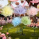 Leinuosen Multicolor 5 Pcs 8ft Giant Organza Flowers Decoration with Stand Flexible Flowers Stems for Spring Tea Bridal Shower Wedding Birthday Party Entrance Photography Booth Indoor Outdoor
