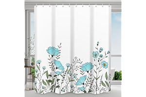 WITHLOC Shower Curtain Watercolor Flower Shower Curtain Sets - Spring Teal Floral Shower Curtains for Bathroom Washable，Farmhouse Modern Fabric Cloth with Hooks，72 x 72