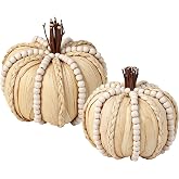 Lulu Home 2 Pcs Handwoven Pumpkins Fall Decor | 6.9"/5.9" Large Pumpkin Ornaments for Tabletop Mantel Shelf, Thanksgiving Autumn Home Accent, Cream Color with Wood Beads