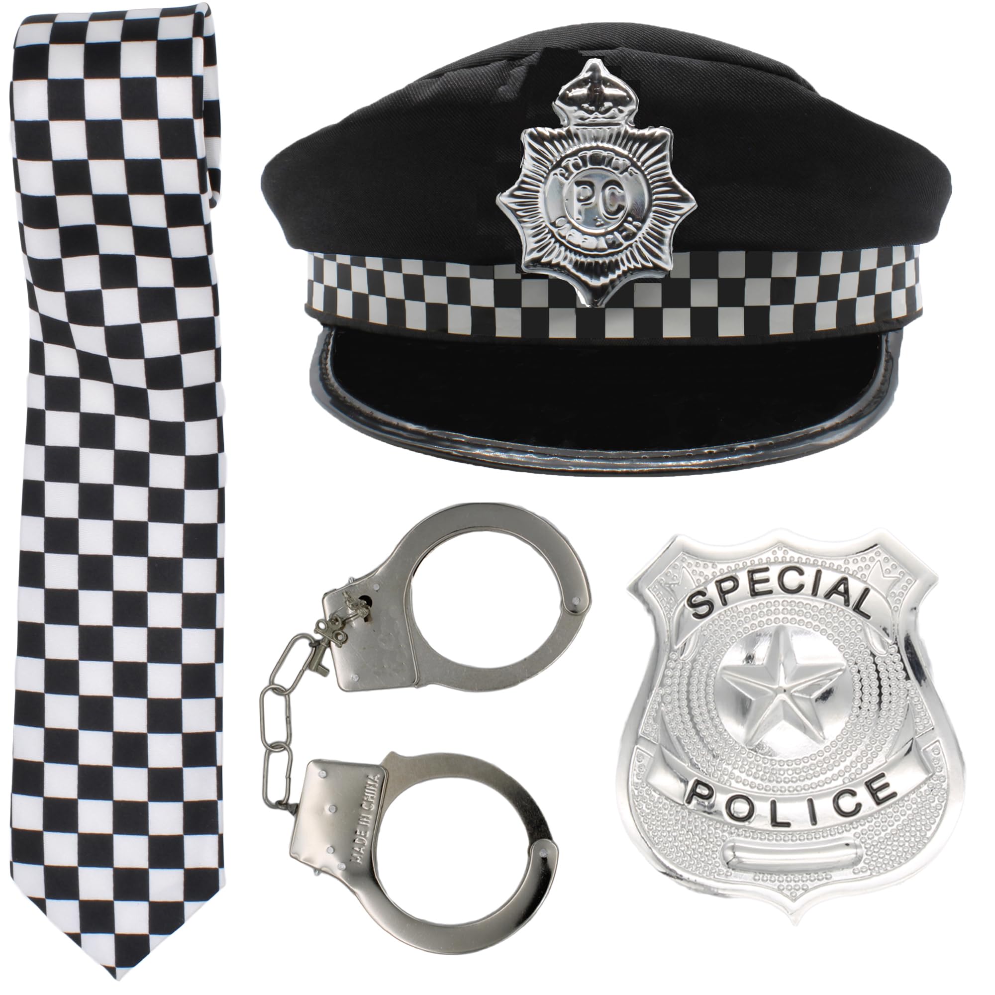 Cherry-on-Top Police Fancy Dress Hat Handcuffs Badge and Black White Check Tie