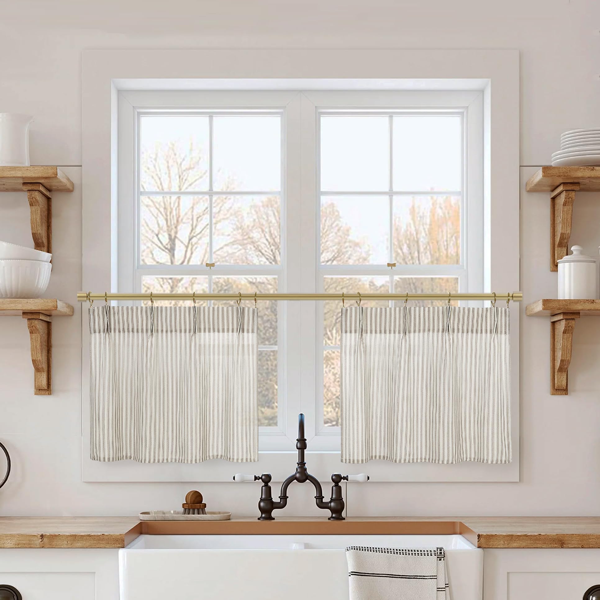 Photo 1 of 12 Inch Curtains Length,Cafe Striped Linen Farmhouse Sheer Small Window Curtains for Kitchen Bathroom,24 x 12 Inch Long 2 Panels Set