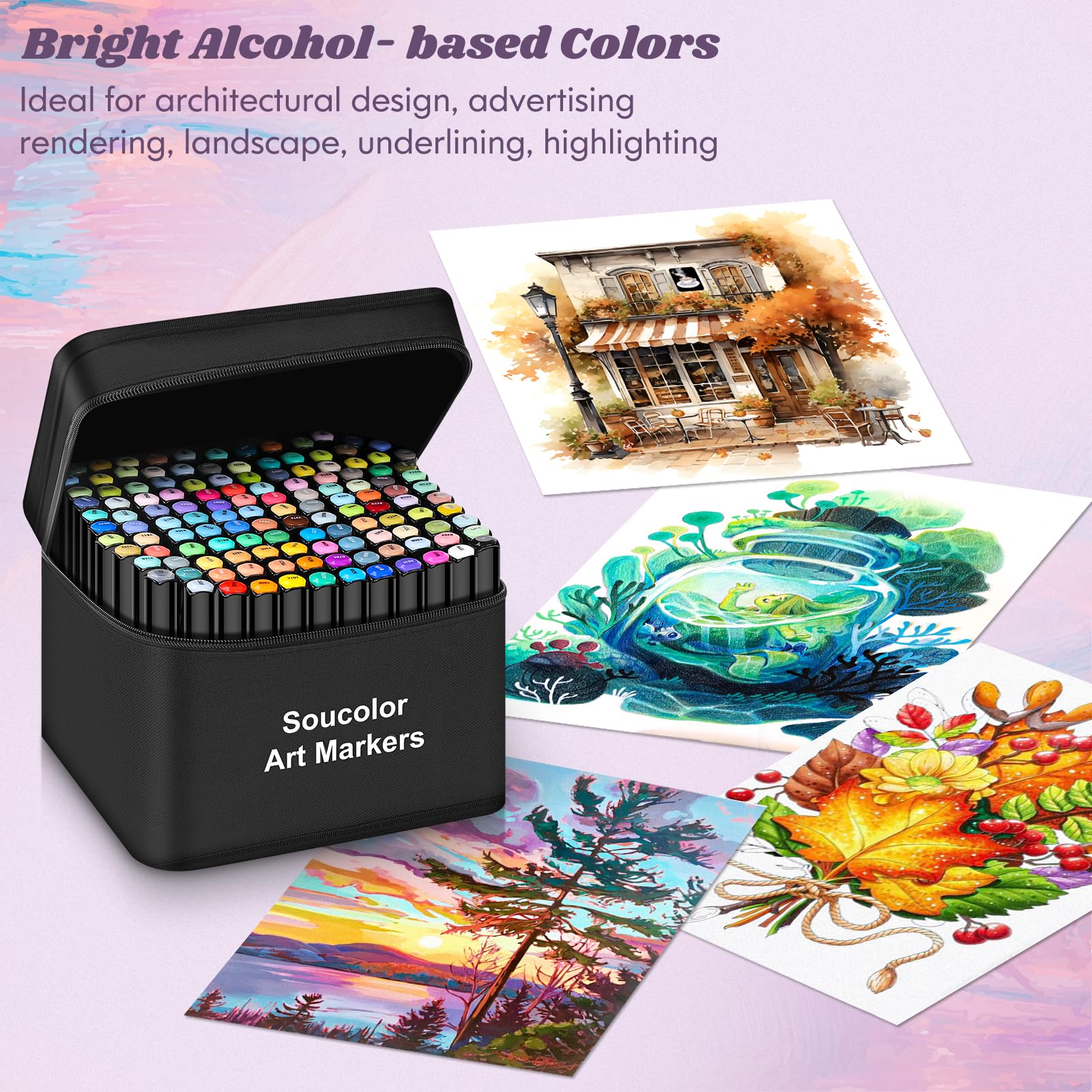 Soucolor Alcohol Markers, 131 Dual Tip Permanent Artist Art Markers for Adult Coloring, Sketching and Illustrations, with Case for Easy Storage, Alcohol Based Markers for Book Painting and Card Making