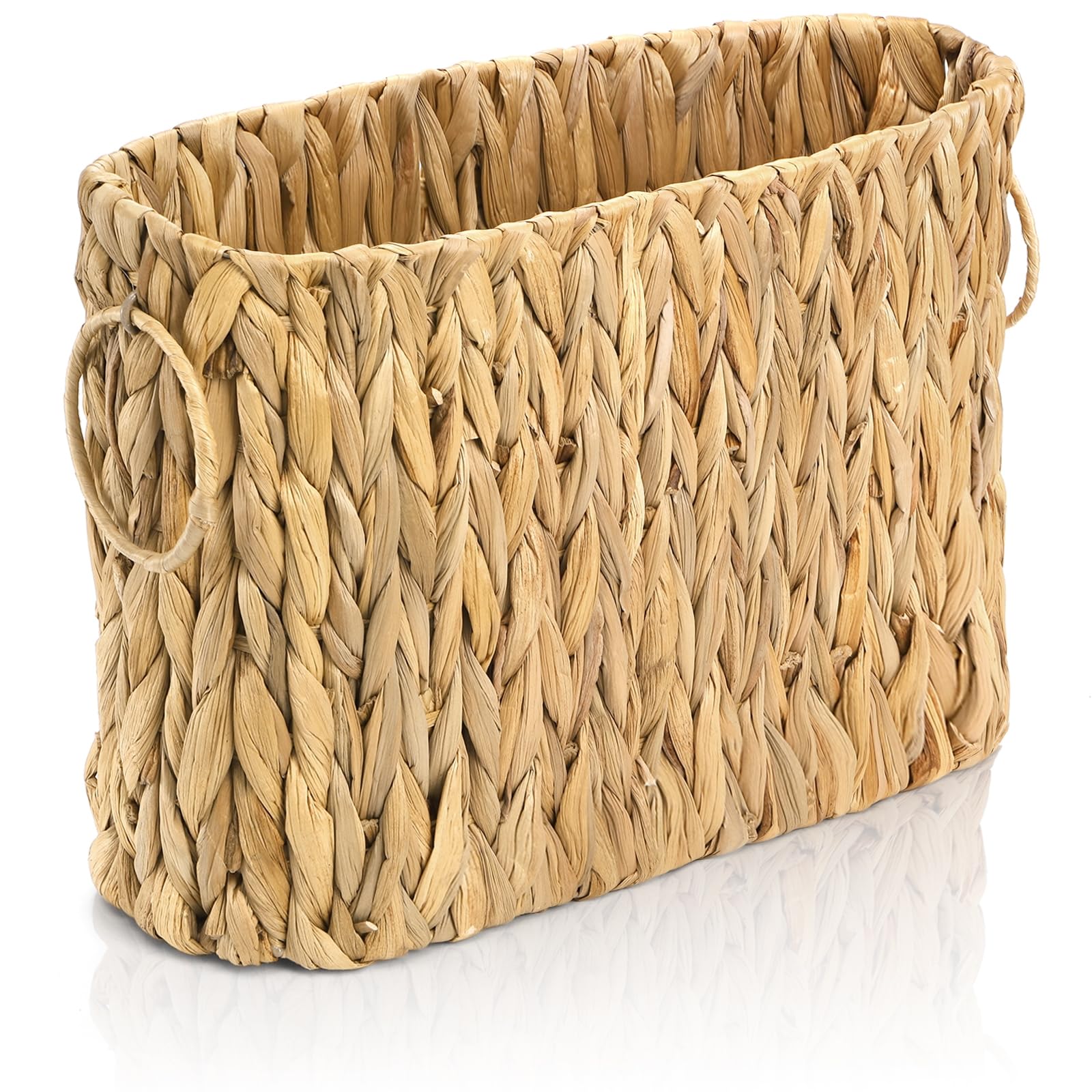 Photo 1 of Nagpew Woven Magazine Holder, Narrow Trash Can with Metal Frame Handles, Water Hyacinth Toilet Paper Storage Basket for Small Paper Roll, Bathroom, Living Room