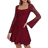 HYPERFIRE Women's Square Neck Floral Lace Mini Dress Flowy Short Dress Mesh Night Out Dresses Club Outfit