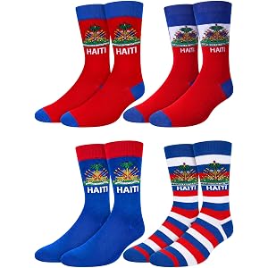 Cutecrop 4 Pairs Haiti Flag Socks for Men Women Novelty Haitian Crew Casual Socks Souvenirs Gifts for Daily Travel Activities