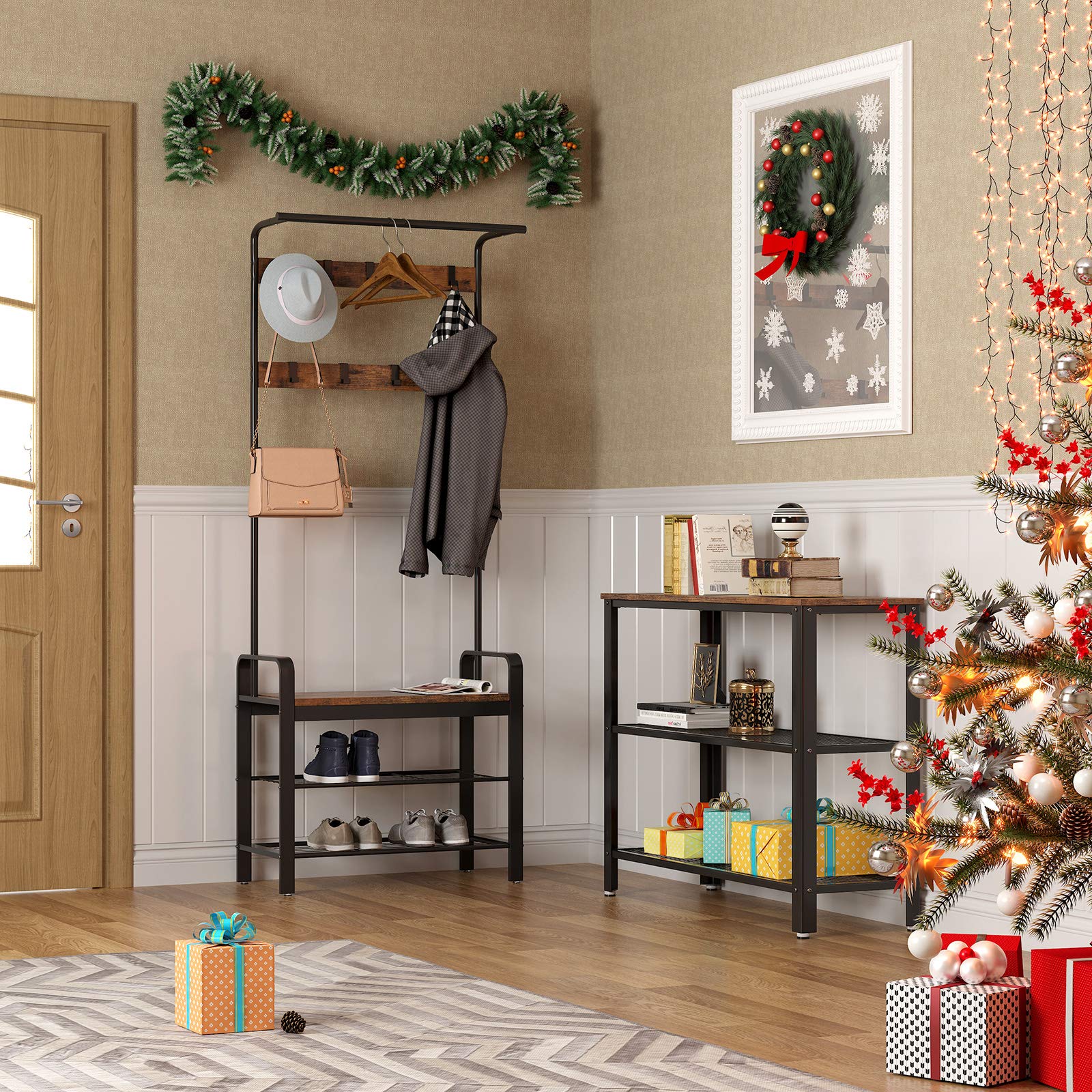 VASAGLE Industrial Coat Rack Shoe Bench, Hall Tree Entryway Storage
