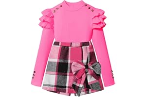 Tainmully Girls Clothes Ruffle Long Sleeve shirt Top and Bowtie Plaid Skort Set 2PCS Girls Fall Outfits 6-16 Years