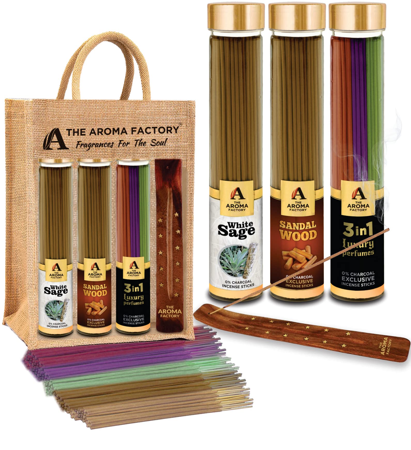 The Aroma Factory Organic Incense Sticks (White Sage, Sandalwood, 3in1) No Charcoal | Non Toxic | Natural Exotic Fragrance | Herbal Aromatic Pooja Agarbatti, 3x100g Jute Gift Set with Wooden Holder