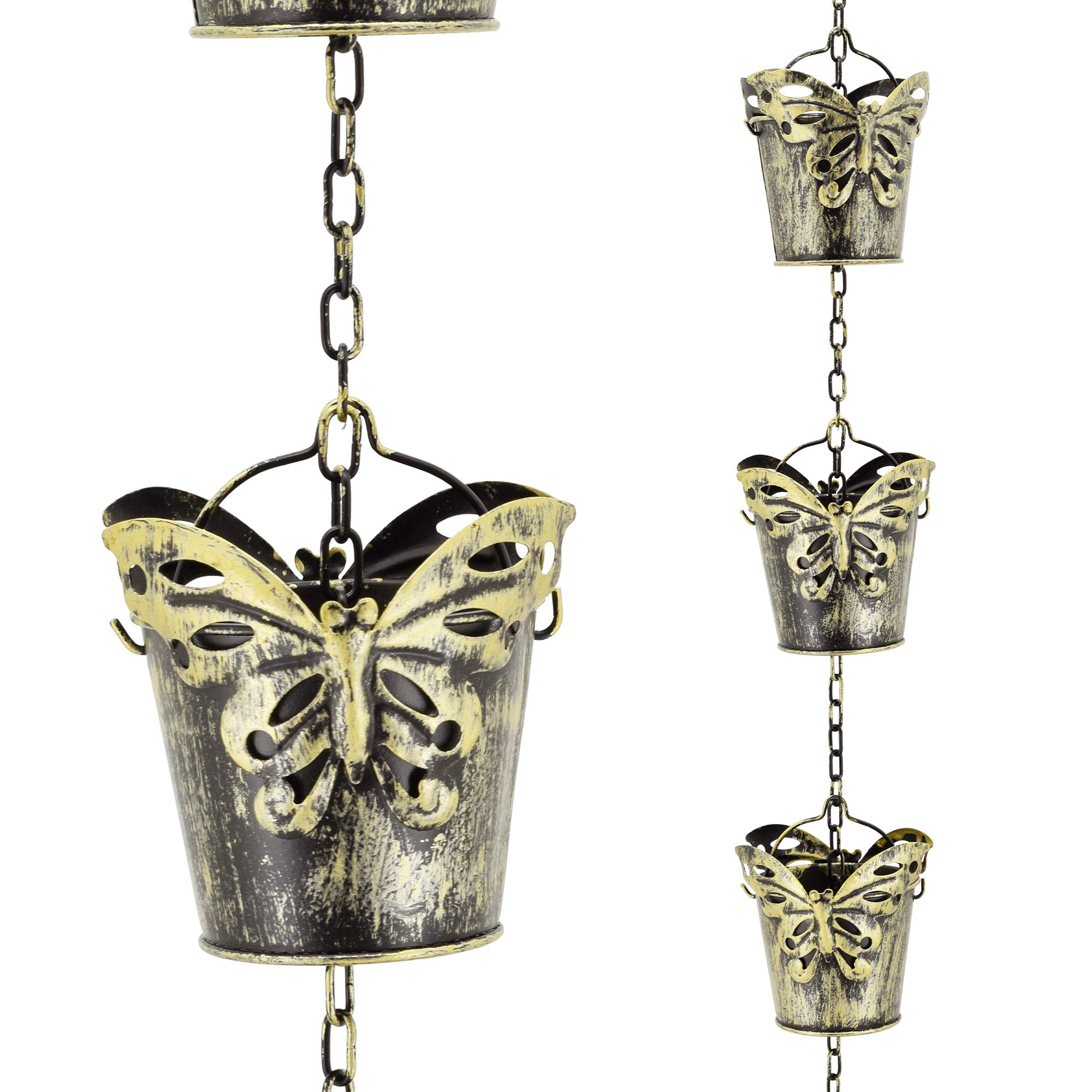 Arcadia Garden Products RC02 Rain Chain, Black Metal with Brushed Brass - Butterfly Pail