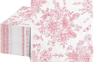 100 Pcs Pink Floral Napkins, Pink and White Toile Cocktail Napkins Vintage Flower Butterfly Design Cute Decoupage Napkin for 
