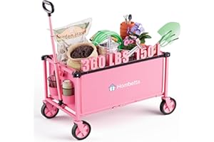 Hombetta Collapsible Wagon Cart with Wheels, 150L Lightweight Foldable Utility Cart, Portable Rolling Wagon for Garden, Shopping, Sports, Camping, Transport, Pink
