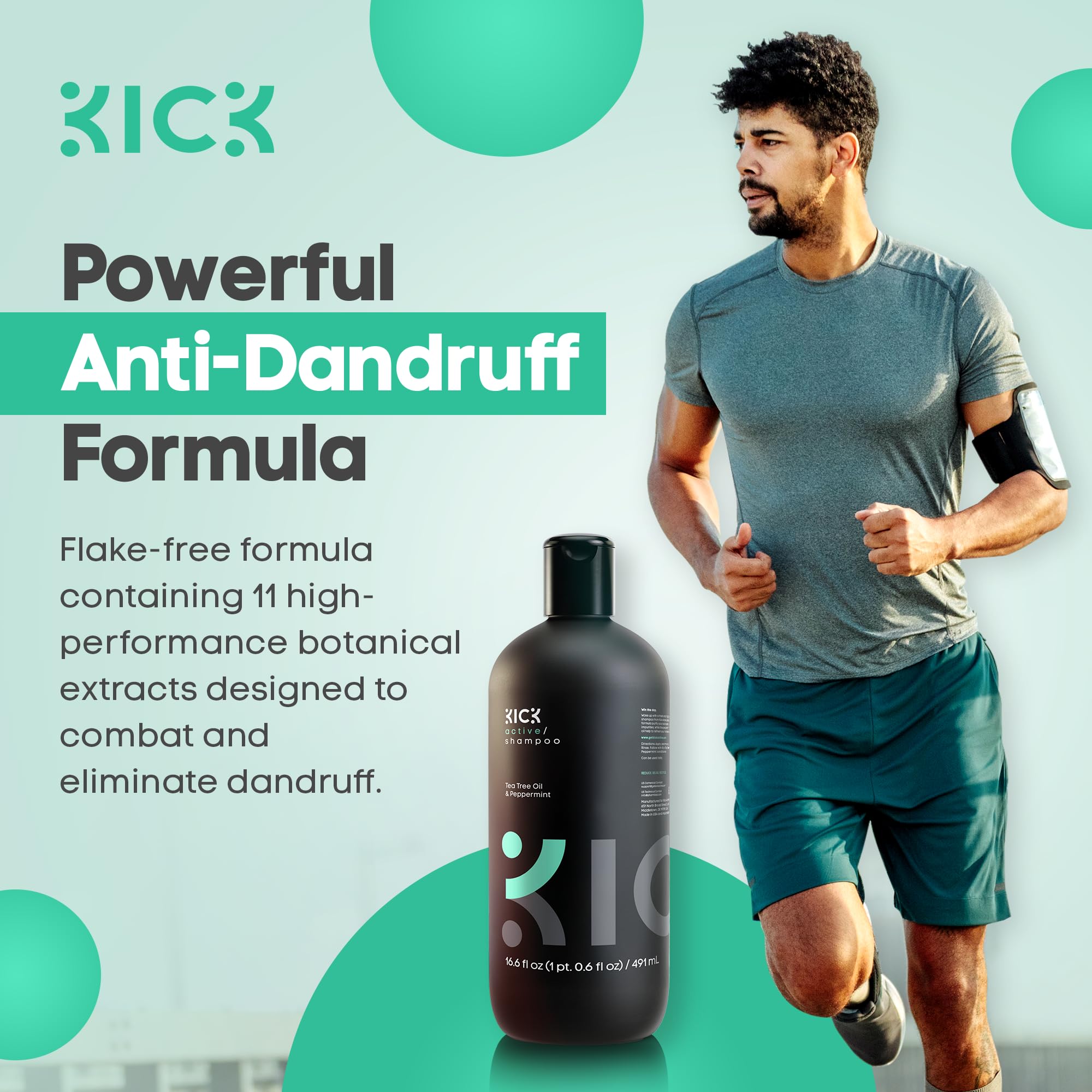 Kick Mens Shampoo - Peppermint & Tea Tree for Oil Control - Sulfate-Free, Refreshing Formula - Anti-Dandruff and Scalp Soothing - Shampoo for Oily Hair - Cruelty-Free - 16.6oz