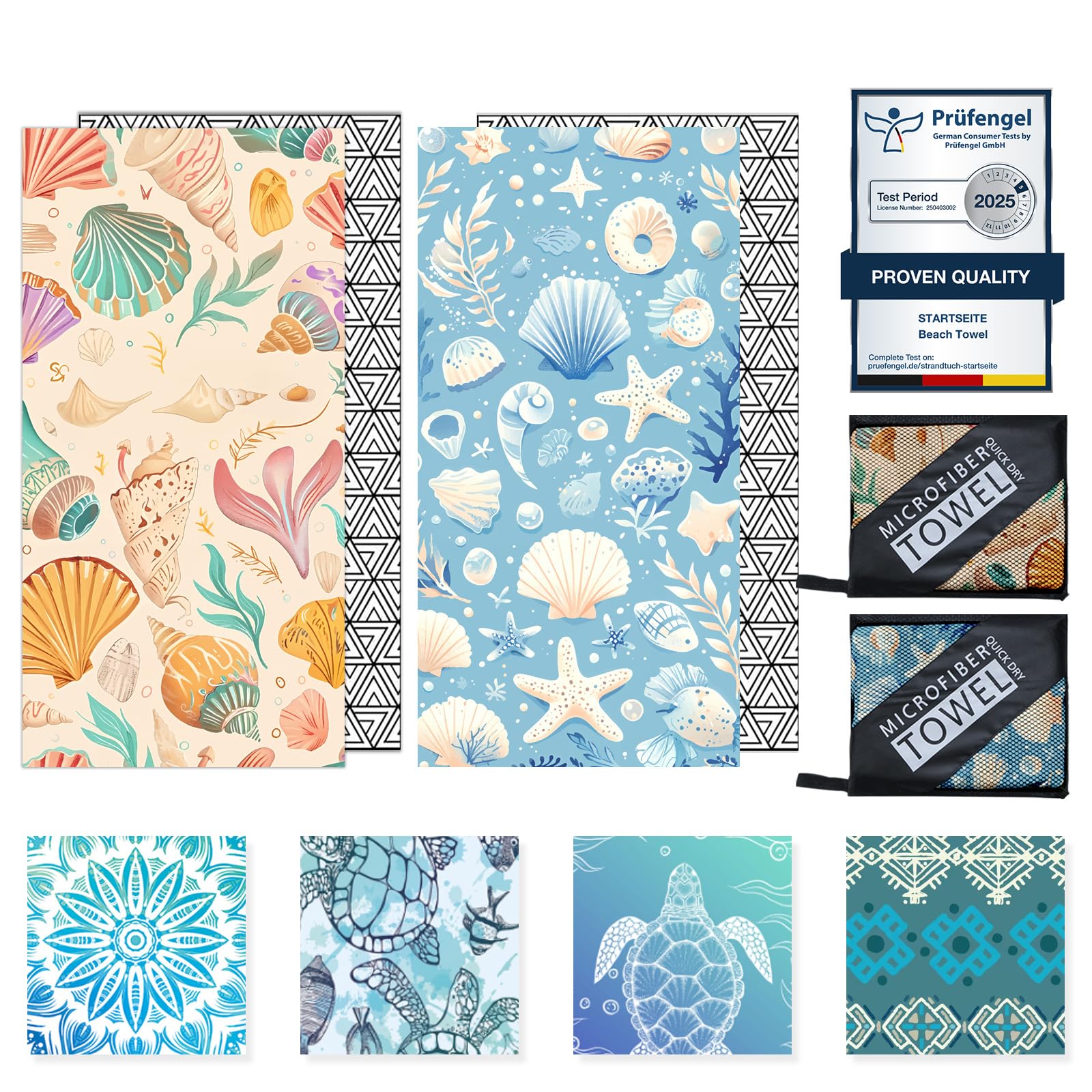 Microfibre Beach Towels for Adults - 2 Pack 180x100cm Lightweight Beach Towel Extra Large, Sand Free & Quick Dry Beach Towel Extra Large for Travel, Swim, Sports(Blue and Pink Shell)