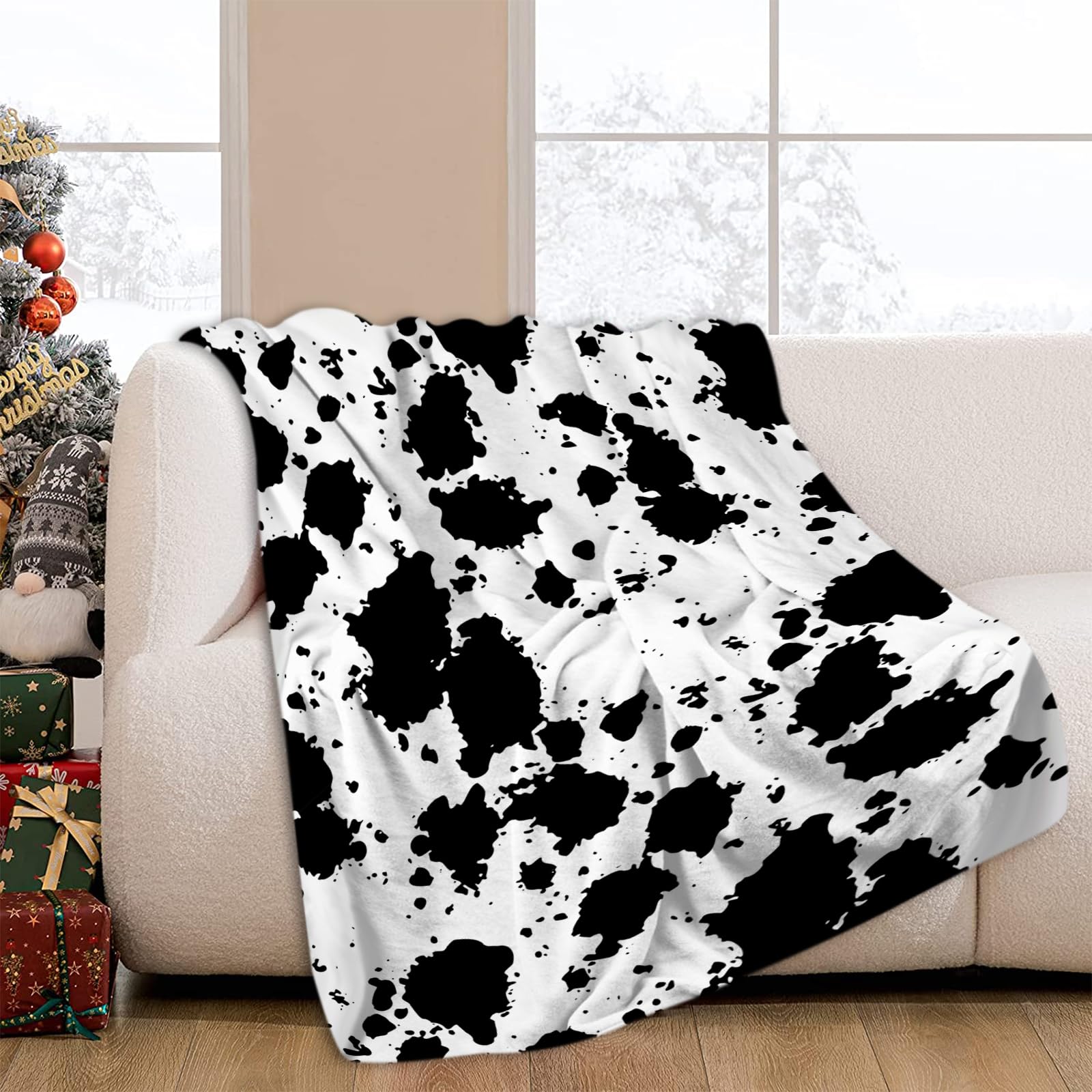 JOOCAR Cow Print Throw Blanket Black and White Animal Fur Pattern Blanket Cozy Soft Lightweight Flannel Plush Blankets for Bed Couch Living Room Sofa Chair,50x60 Inch