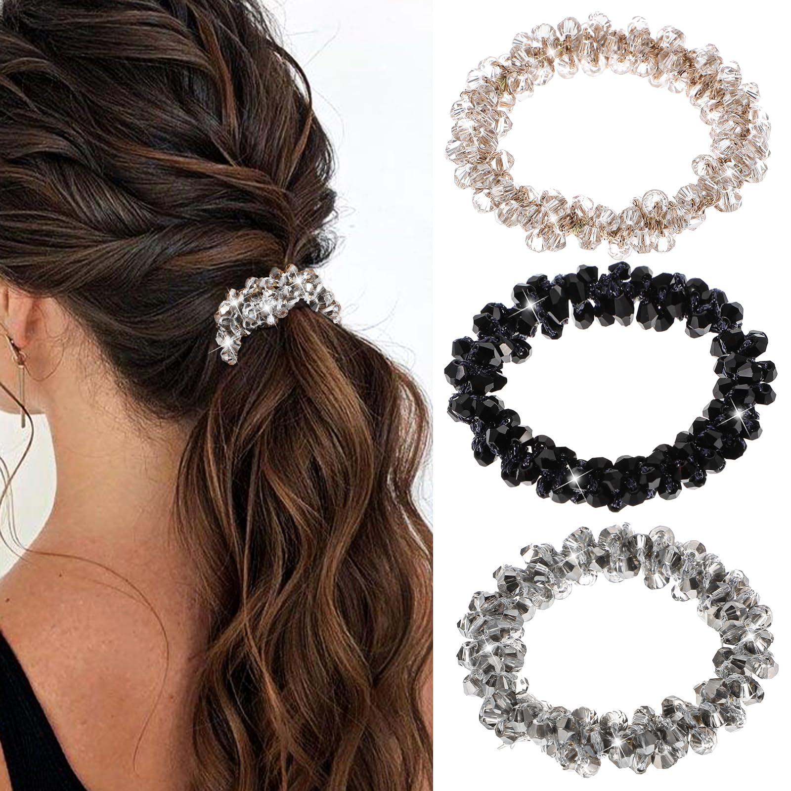 3 PCS Rhinestone Hair Ties Pearl Scrunchies Elastic Crystal  display picture 2