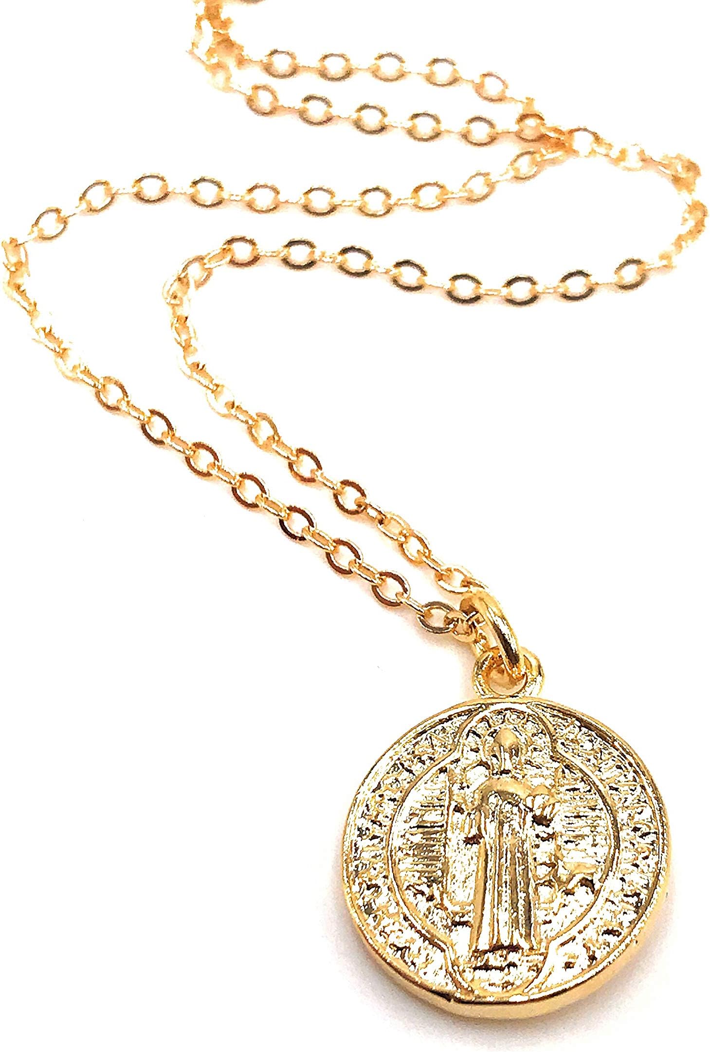 LESLIE BOULES Gold Saint Benedict Medal 18K Plated Necklace 18 Inches Protection Jewelry