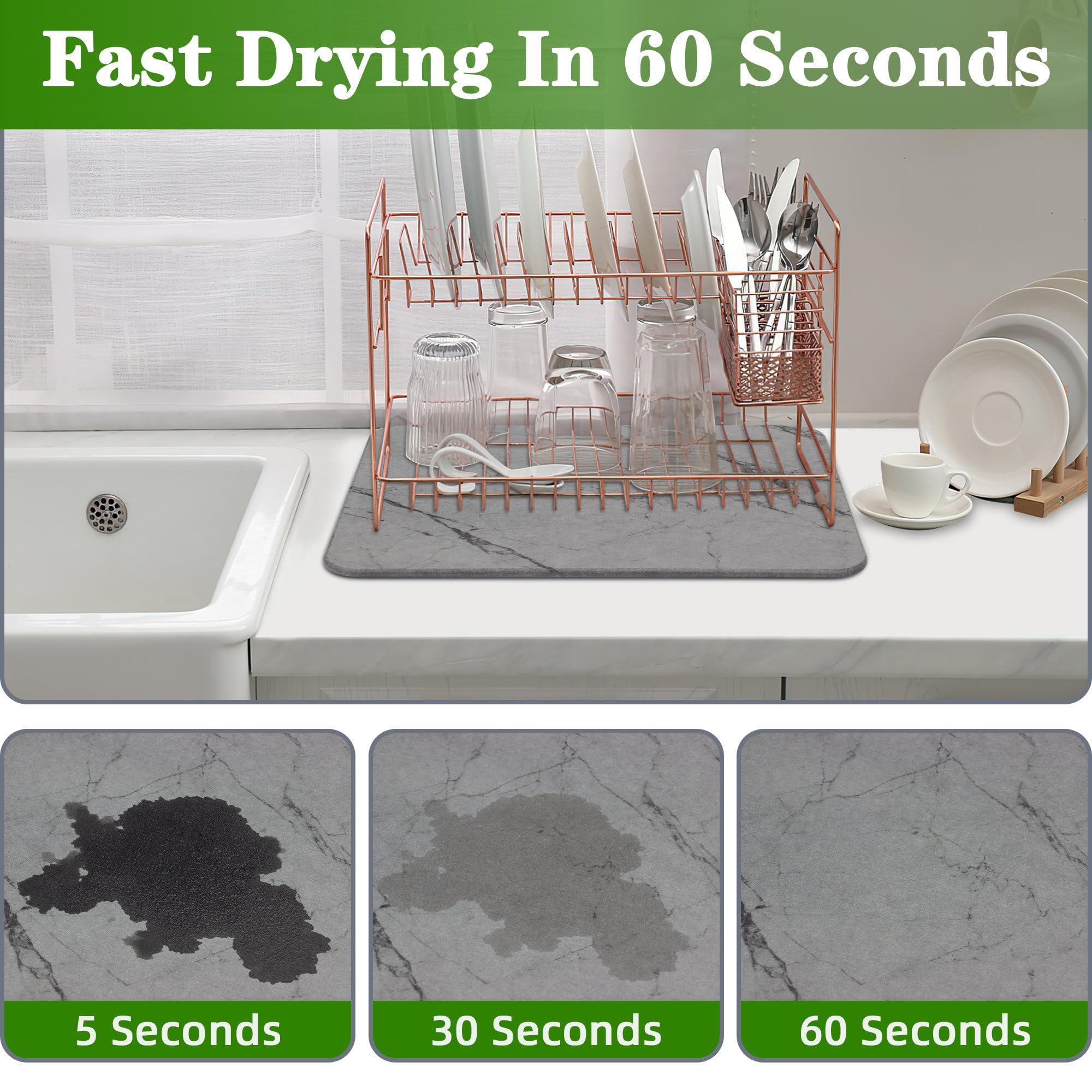 Yukee Stone Dish Drying Mat for Kitchen Counter, Quick Dry Ultra Absorbent Heat Resistant Eco Friendly Diatomaceous Earth Stone Drying Mat for Tableware Bottles Cups Dishes Drying Pad