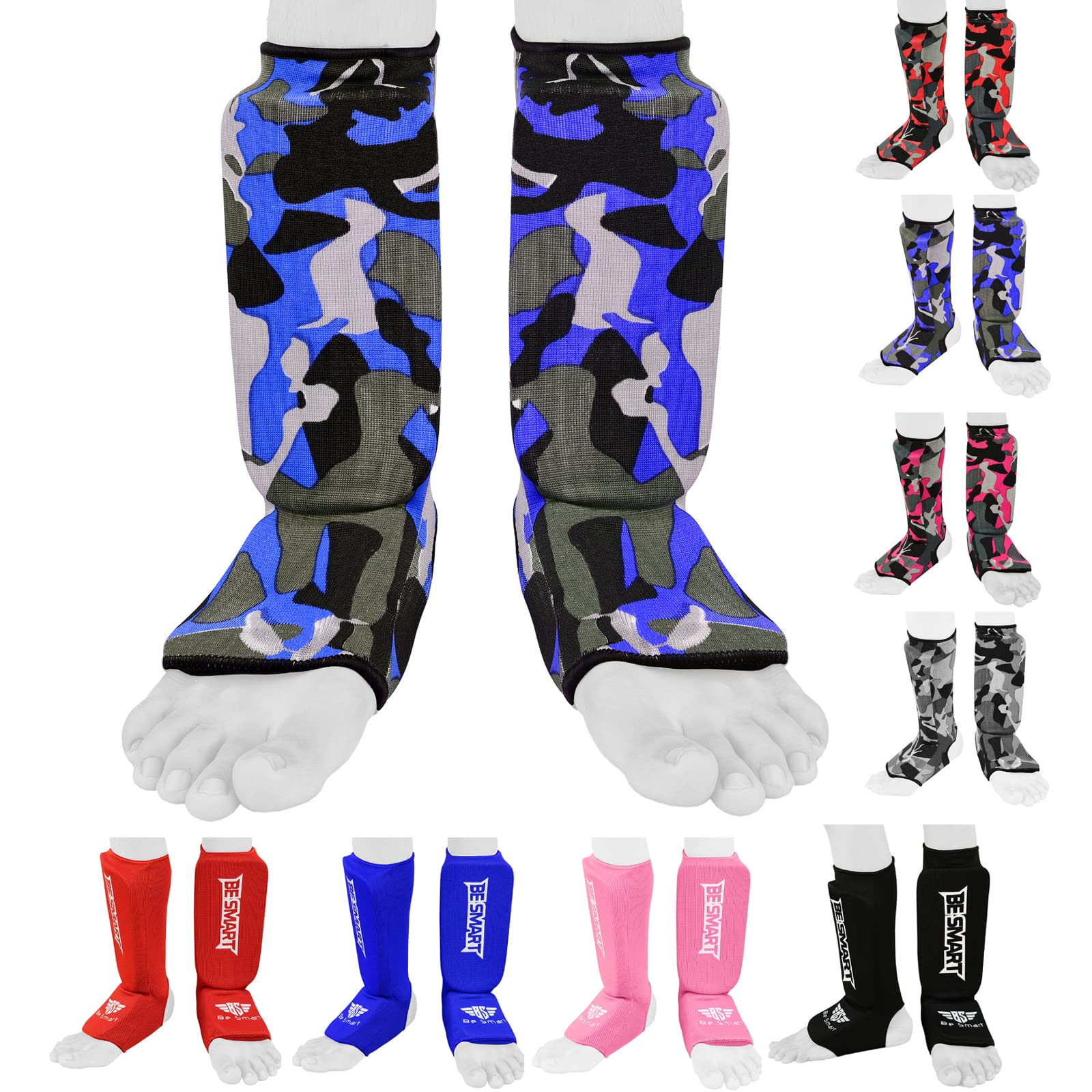 Kids Kick Boxing Shin Protectors/Guard Foot Pads Junior Shin Instep Children (Blue Camo, XXS (9 to 13 Years))