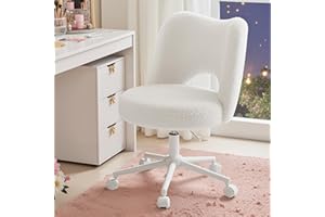 DurayLoly Vanity Chair with Wheels Armless, White Vanity Chair with Back,Ultra-Plush Fleece Cute Desk Chair, Small Office Chair Height Adjustable,for Make-up Room,Bedroom