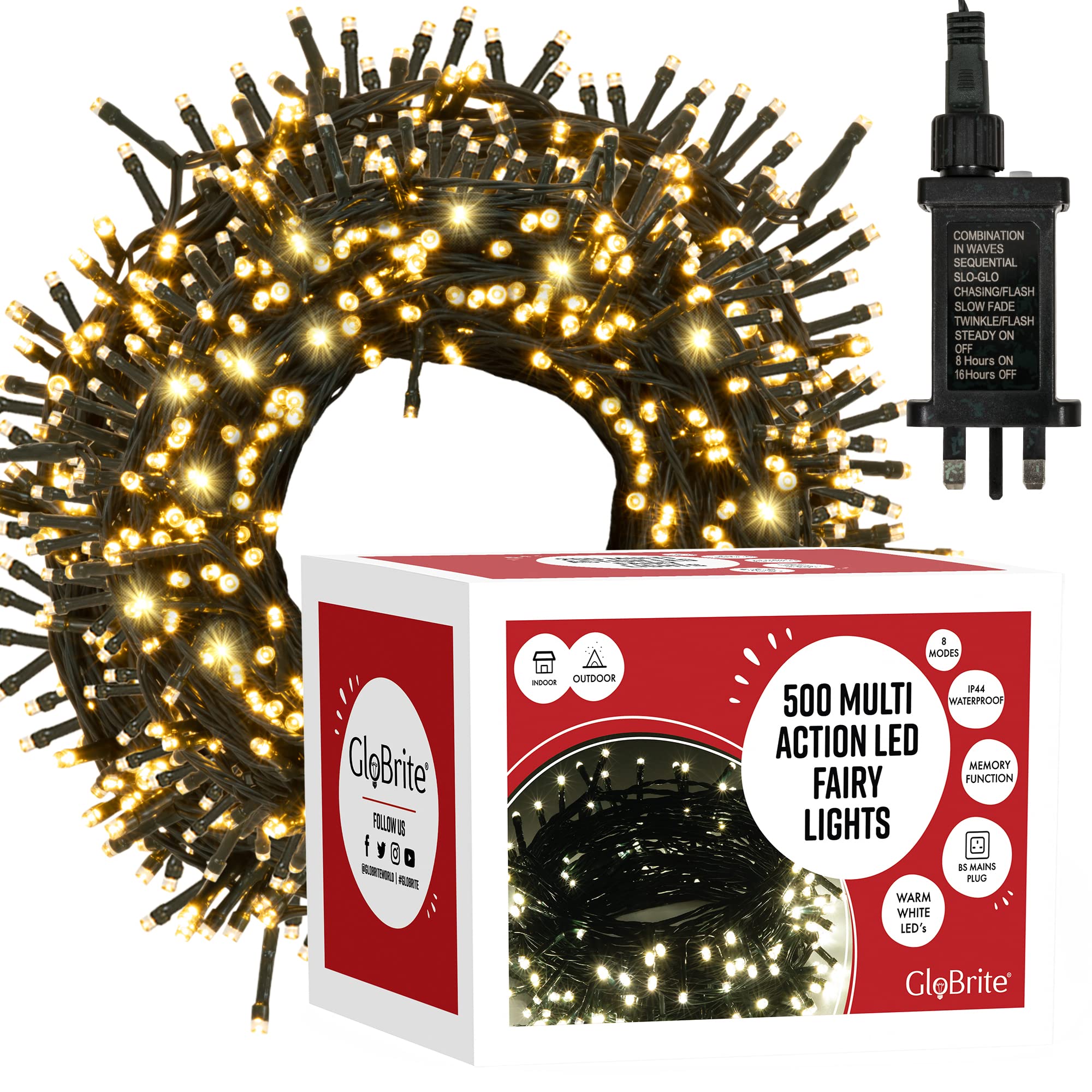 GloBrite Fairy Lights 500 LED - Christmas Tree Outdoor Lights With 8 Modes Function for Garden Decorations - White
