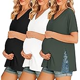 Ekouaer 3 Packs Women's Maternity Shirts V Neck Pregnancy Tops Short Sleeve Casual Workout Tees Side Split Mama Clothes