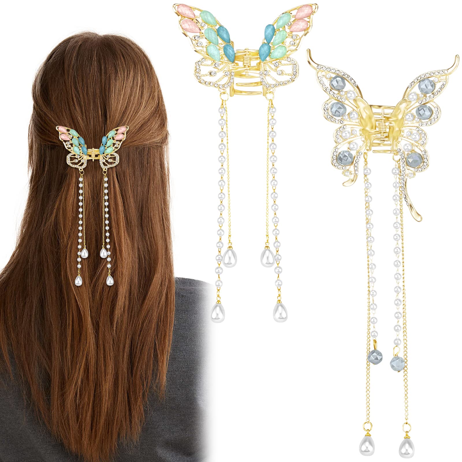 2 Pcs Gold Butterfly Tassel Rhinestone Pearl Crystal Metal Sparkling Exquisite Hair Styling Accessories for Women Girls