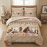 WeCozy 7 Pcs Full Size Comforter Set with 2 Pillowcases & 2 Shams, Horses Animal Flower Bedding for Kids and Adults, Inspirational Thoughts Bed in a Bag with Flat Fitted Sheet