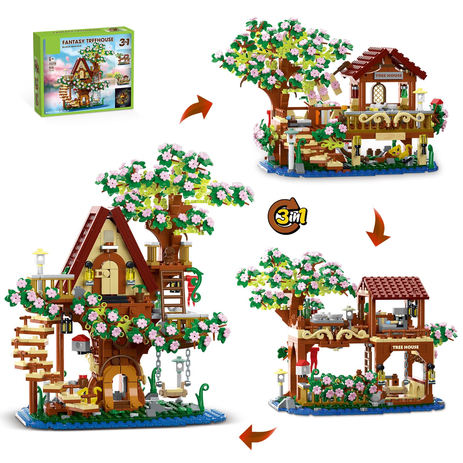 Photo 1 of QLT QIAOLETONG 3 in 1 Cherry Blossom Treehouse Building Set for Tenns 14+, Compatible with Friends, Forest Up Flowers Tree House Architecture Building Blocks Toy with Light, Gift for Adults (959 PCS)