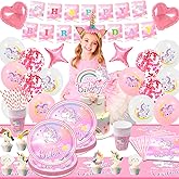 16 Guests Unicorn Party Decorations Birthdays Tableware Set, Unicorns Paper Plates Napkins Table Cloth Balloon Banner Headband etc Unicorn Birthday Party Decorations Supplies