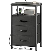 Huuger Nightstand with Charging Station, 27.6 Inch Side Table with Fabric Drawers, End Table Bedside Table with USB Ports and Outlets, Night Stand for Bedroom, Black