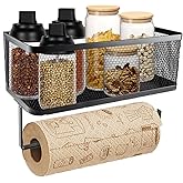 Yomjarl 2 Tier Magnetic Paper Towel Holder Wall Mount for Fridge,Metal Mesh Magnetic Spice Rack with Paper Towel Rack Storage Organizer Refrigerators Shelf,No Drilling Removable for Kitchen,Bathroom