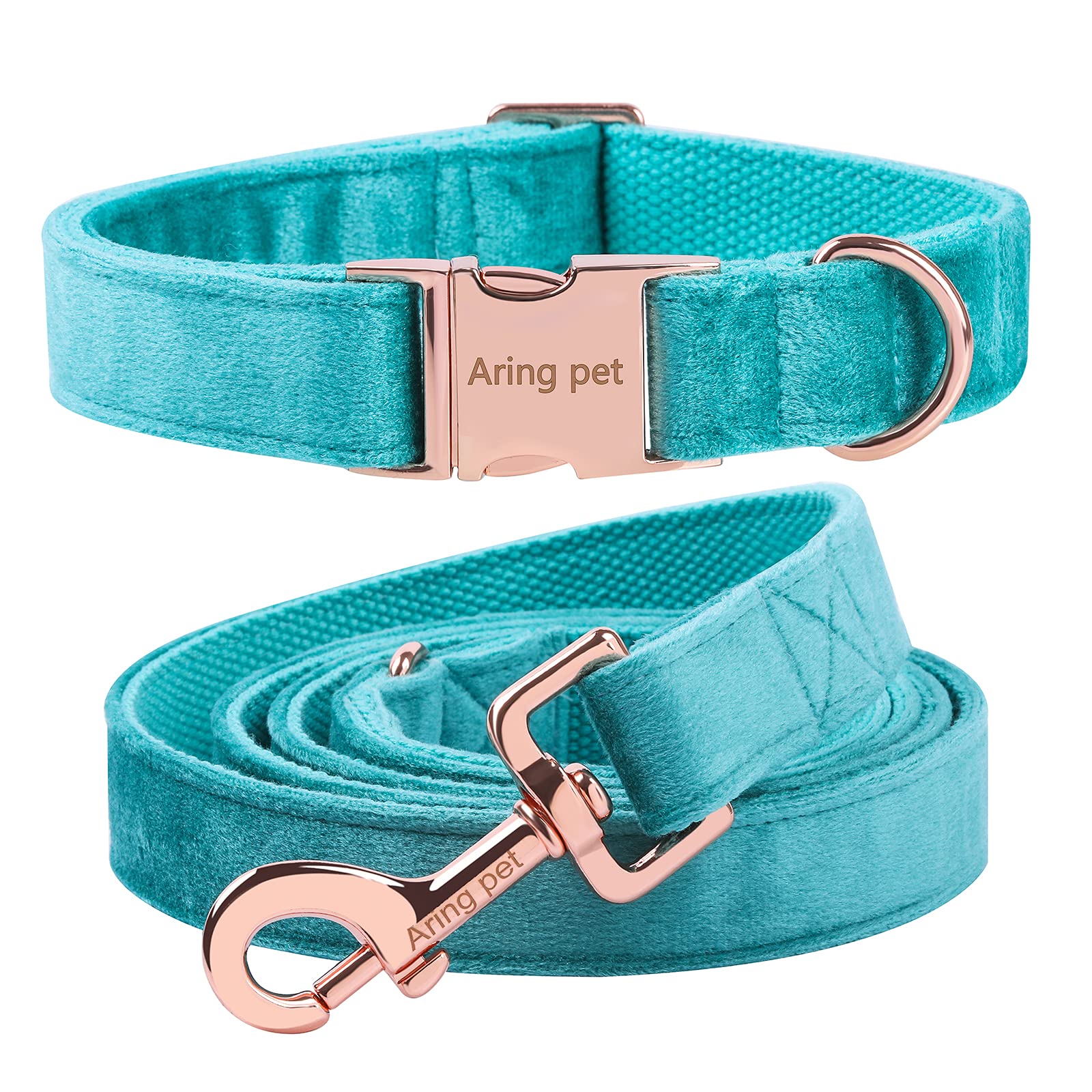ARING PET Dog Collar and Lead Set, Lake Green Velvet Dog Collar and Leash with Metal Buckle, Comfortable and Adjustable Pet Collar Set for Boys&Girls Dogs, X-Large