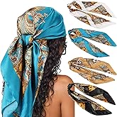 DRESHOW 35” Large Square Satin Head Scarf - 4Pcs Silk Accessories Classic Patterned Squares Beach Bandanas for Women