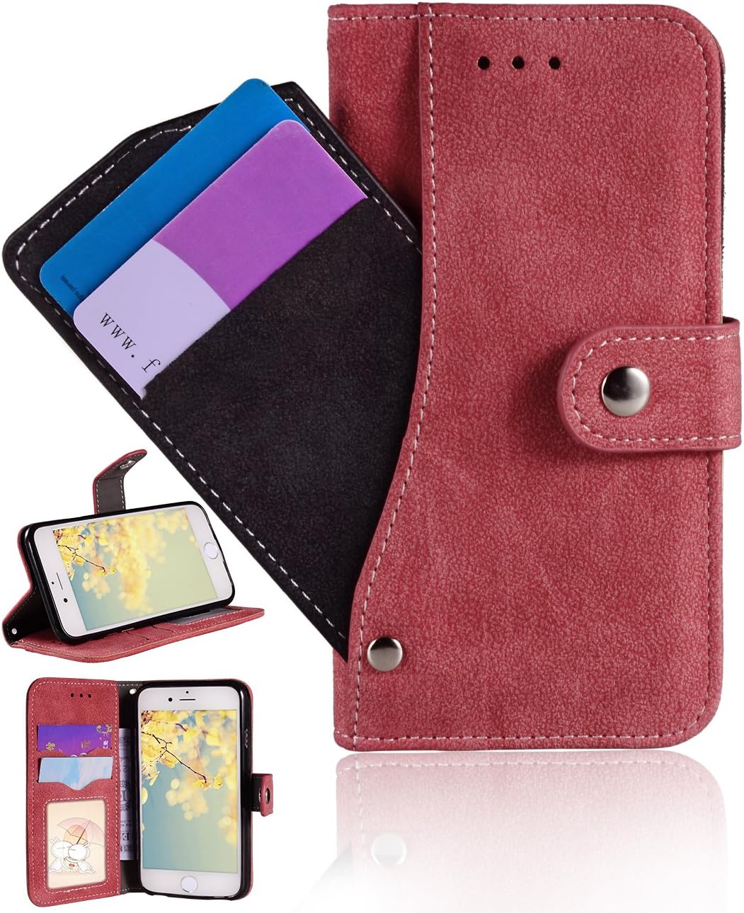 iPhone 6s case,FLYEE Chamois Flip Leather Cover [Stand View] with Rorating Card Slots [Wallet Case]Button Switch and Pocket Shell For Apple iphone 6/6s 4.7 inch-Red