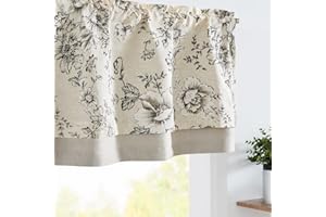 jinchan Linen Valance Curtain Farmhouse Window Decor Gray Floral Print for Kitchen Living Room Double Layer Blackout Valance 18 Inches Rustic Window Treatment 1 Panel Rod Pocket Black on Beige