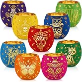 Meanplan 9 Pcs Day of The Dead Decorations Votive Candle Holders with LED | Dia De Los Muertos Decorations, Sugar Skull, Glass, Mexican Table Centerpiece, Skeleton, Flameless for Altar Halloween Party