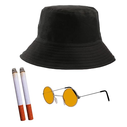 Adults Rock Band Accessory Set - Black Bucket Hat, Round Orange Glasses, 2 Fake Cigarettes - Adults 4-Piece Music Best of British Party Fancy Dress Costume Accessory Set