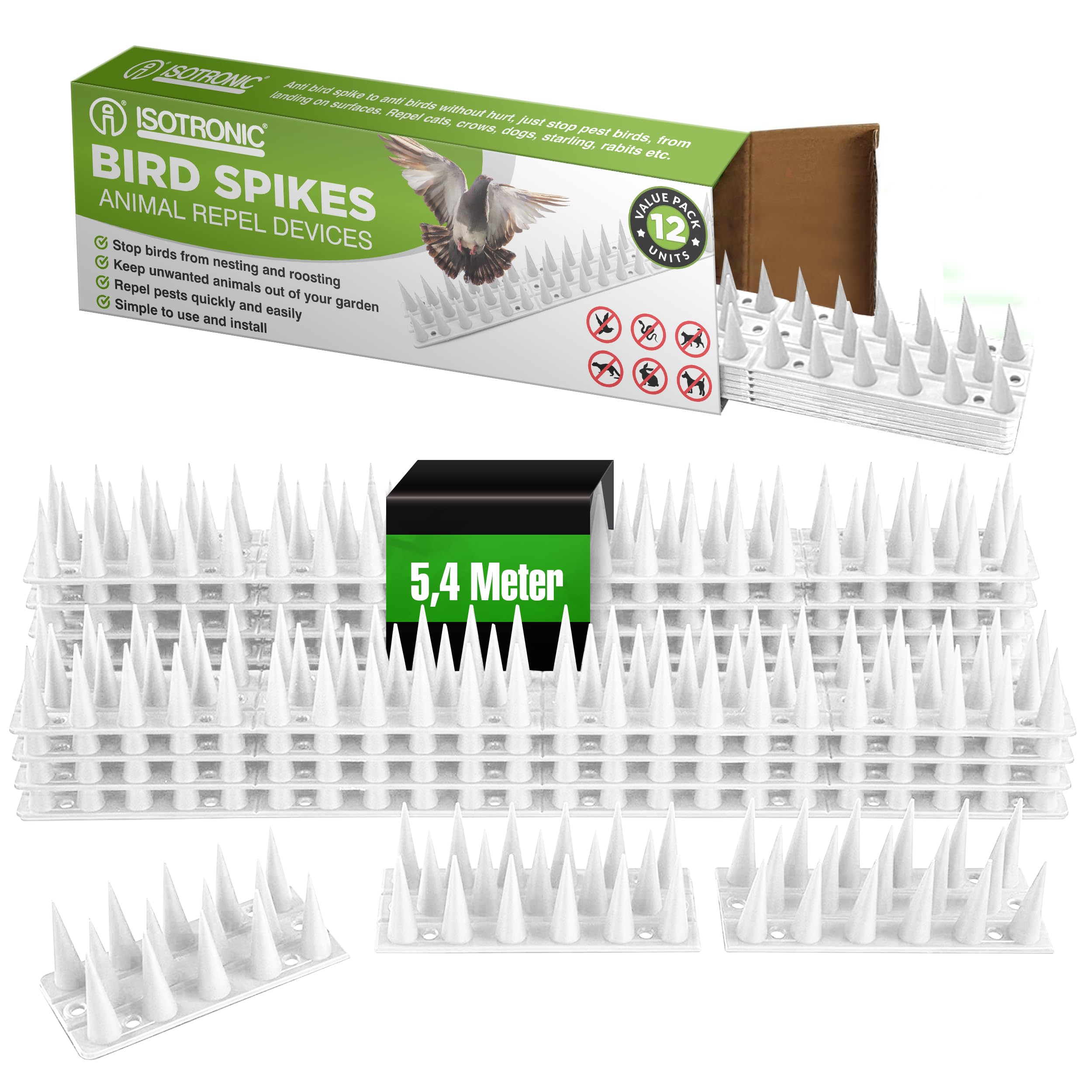 ISOTRONIC Bird Repellent Spikes - Pigeon Scarer for Repelling Birds, Pigeons, Cats & Martens, Pigeon Repellent for Fence, Windowsill, Roof, Tree & Garden (5.4 m, 12 Pieces, White)