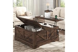 Hlivelood 40” Large Farmhouse Lift Top Coffee Table with Power Outlets and Large Hidden Storage, Square Wood Living Room Tables, Multi-Function Lift Wooden Barn Door Center Table, Brown
