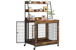 GEWUDRAW 38 Inch Dog Crate Furniture with Storage Shelves, Dog Kennel End Table with Wheel, Large Indoor Wooden Pet Cage with Tray, Heavy Duty Chew-Proof Steel Frame, Modern Side End Table 38” x 28” x 60”