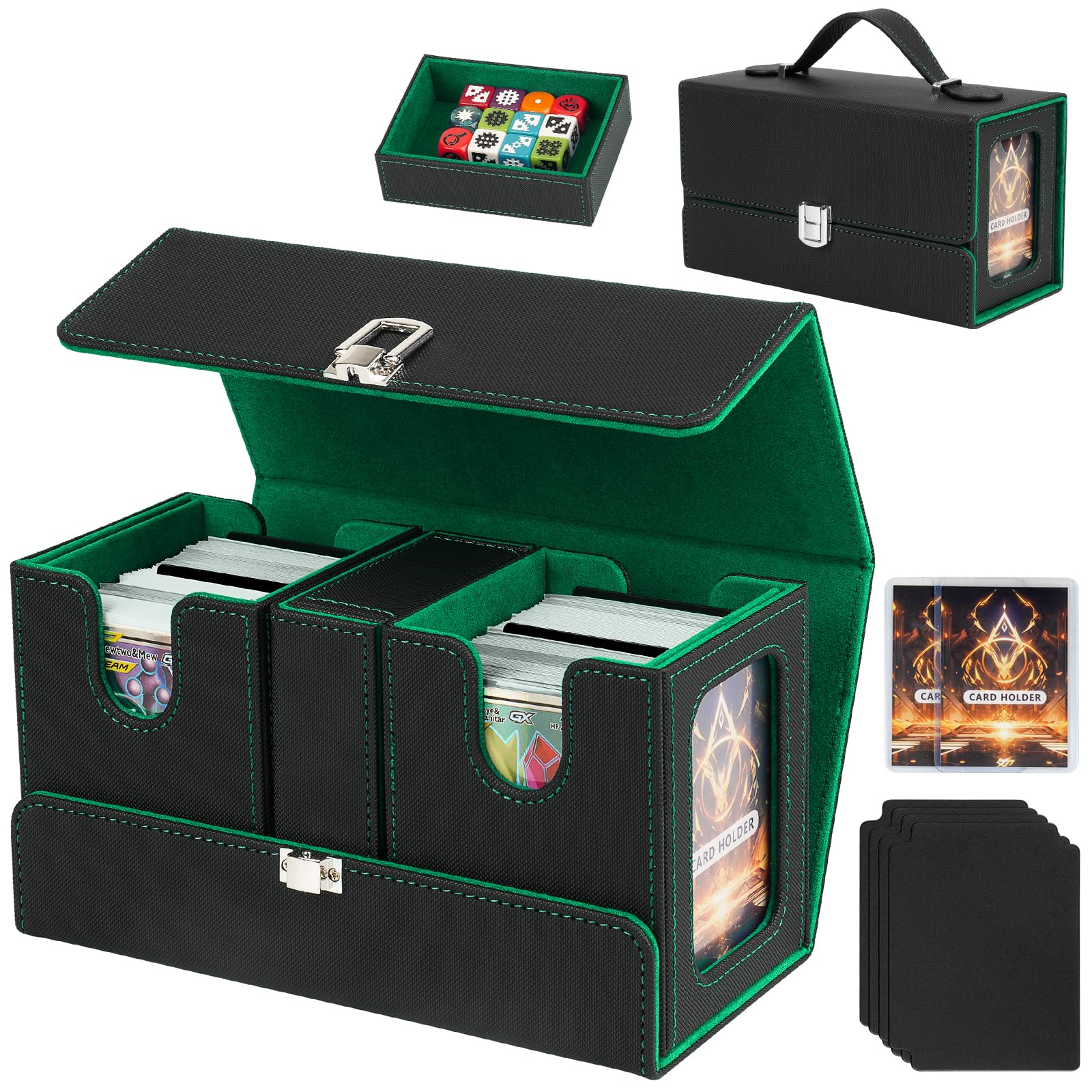 Jaffzora 3-in-1 Commander Deck Box for MTG/TCG – Holds 200+ Double-Sleeved Cards (2 Deck Boxes + Dice Tray), Dual Display Windows, Magnetic PU Leather Storage Case, Black&Green